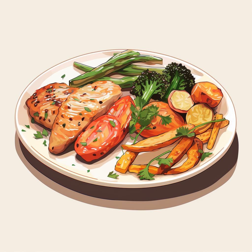 A tray of roasted vegetables and grilled chicken breasts